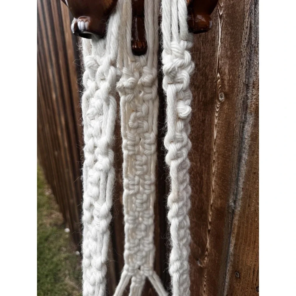 Macrame Cream Plant Hanger Boho 70s Hanging Planter w/ Owl Accents 58